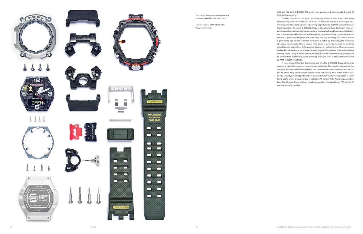 Einzelteile einer G-SHOCK Armbanduhr auf einem weißen Untergrund, auf der rechten Seite ist englischer Text.