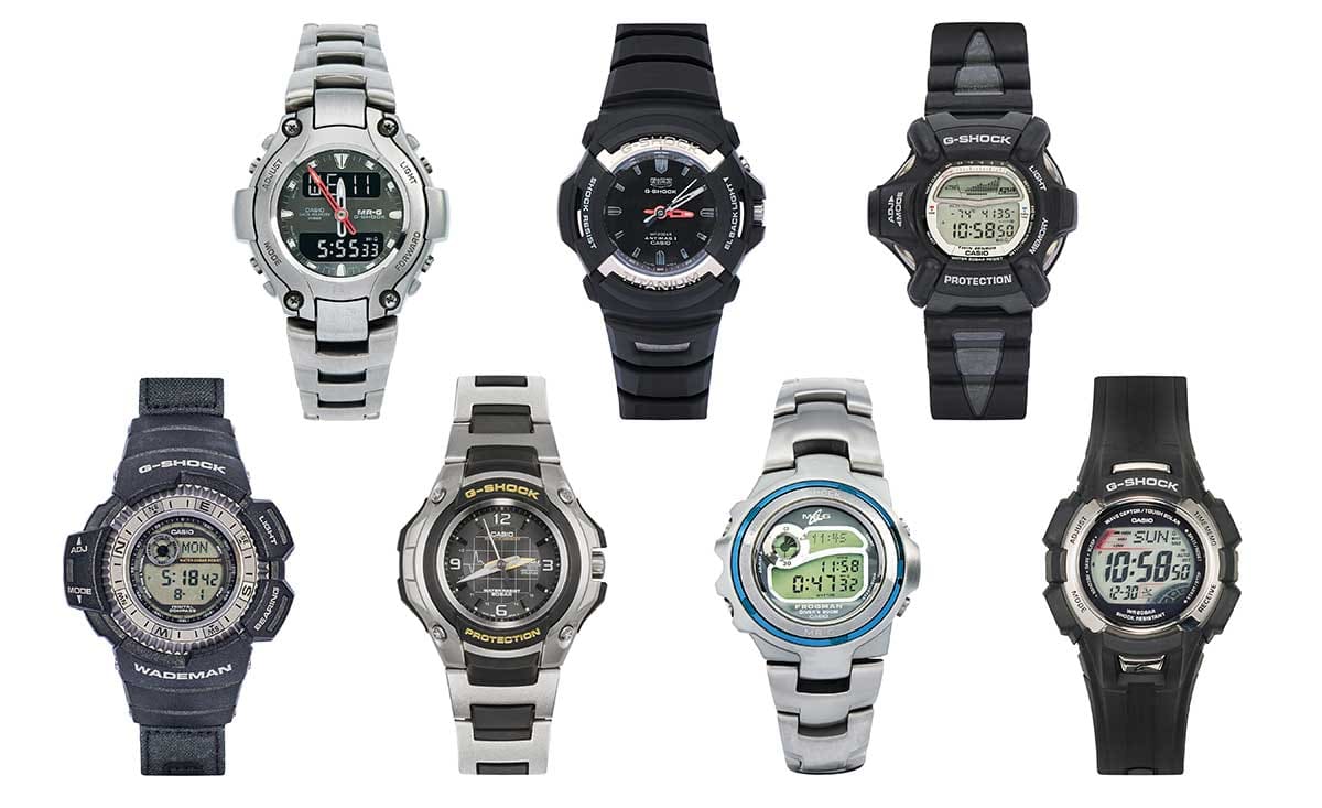 Sieben unterschiedliche G-SHOCK Uhren mit Edelstahl- oder Resin-Armband, analoger oder digitaler Anzeige