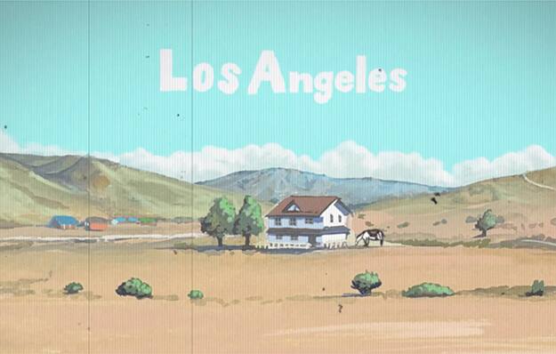 Ein weißes Häuschen mit braunem Dach steht in karger, hügeliger Prärielandschaft. Im türkis farbenem Himmel prangen in weiß die Worte: Los Angeles. Das Bild verlinkt zur Seite: Artwork und Animation von Tatsuya Yokosaka