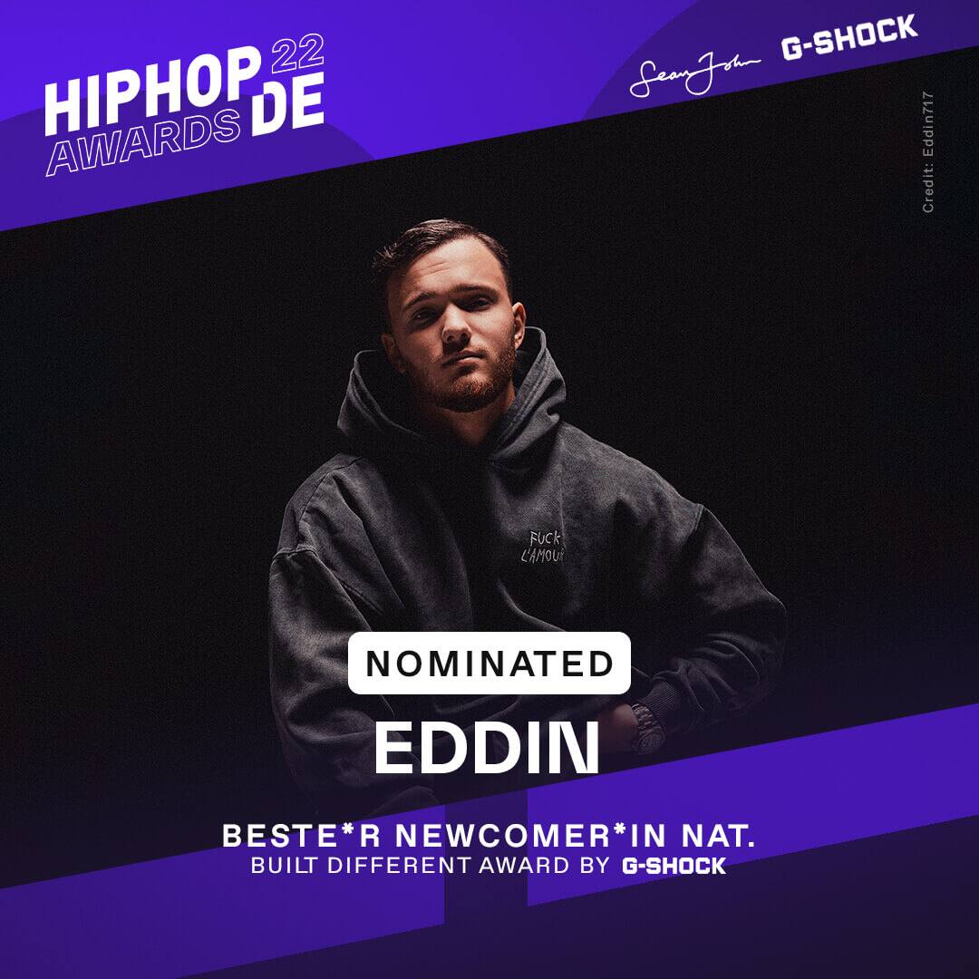Rapper Eddin in schwarzem Hoodie war als bester Newcomer national nominiert