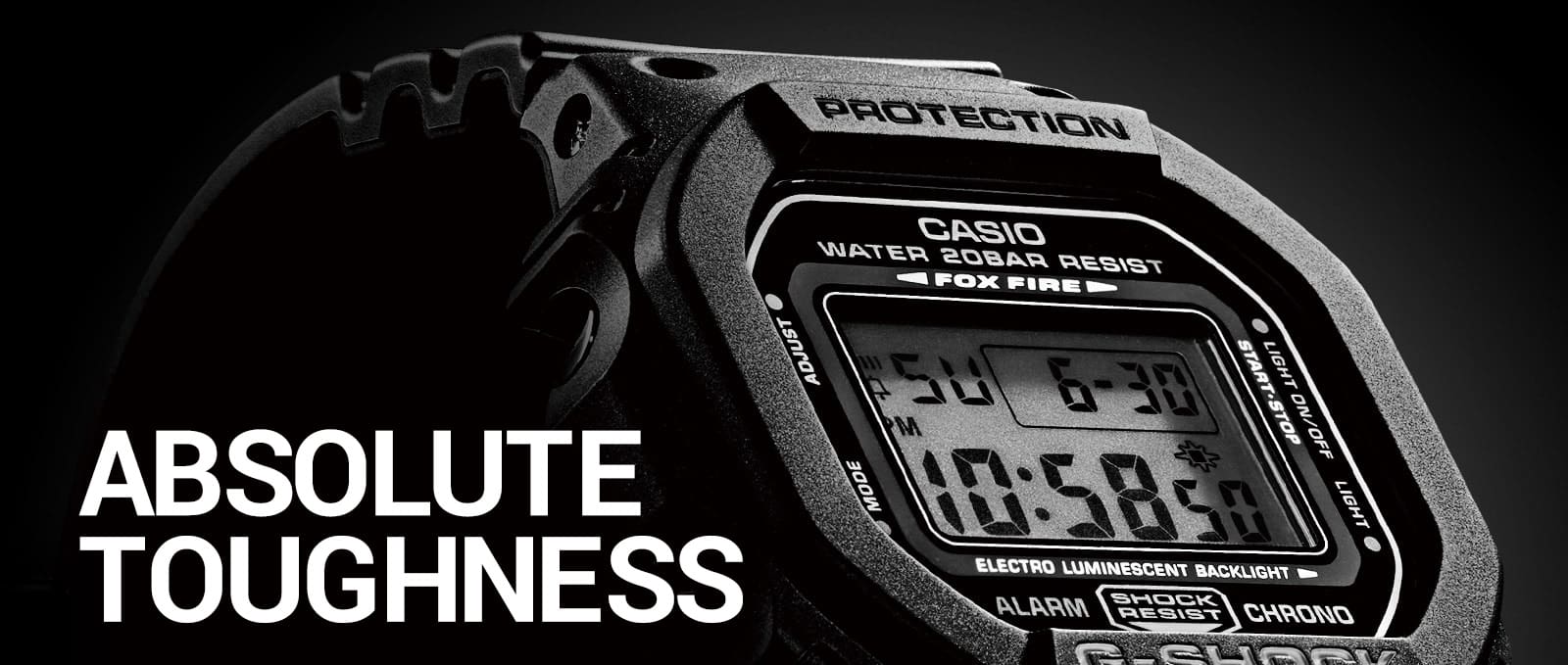Die G-SHOCK DW-5000 Armbanduhr mit schwarzem Resinarmband und Digitalanzeige. Darauf ist der Schriftzug "Absolut Toughness" abgebildet.