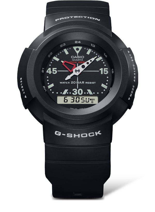 Die schwarze AW-500 Armbanduhr mit rundem Gehäuse und analogem Zifferblatt