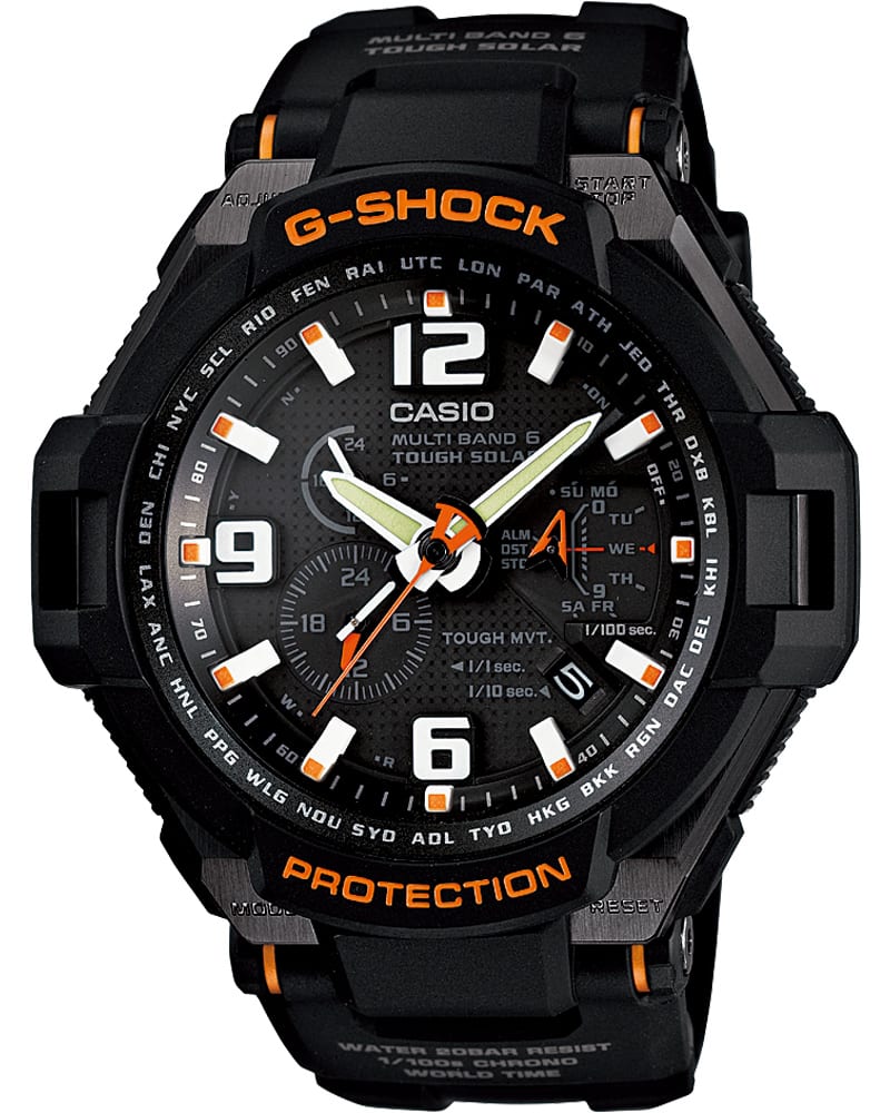 Die Armbanduhr "GW-4000" aus der Gravitymaster-Serie mit analogem Zifferblatt, grau-schwarzem Gehäuse und orangenen Details.