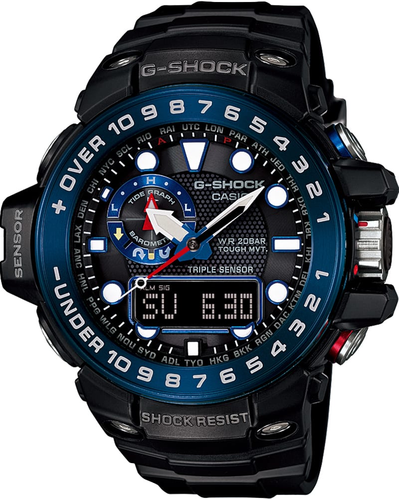GWN-1000 Armbanduhr mit analoger Zeitanzeige und kleiner digitaler Datumsanzeige und blauem, rundem Gehäuse.