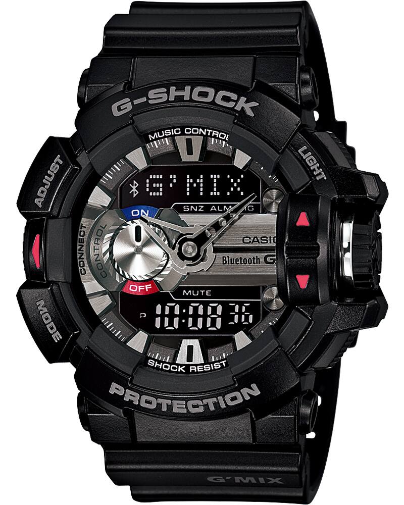 Die analog-digitale Armbanduhr "GBA-400" mit robustem, rundem Gehäuse, roten Details und schwarzem Resinband.
