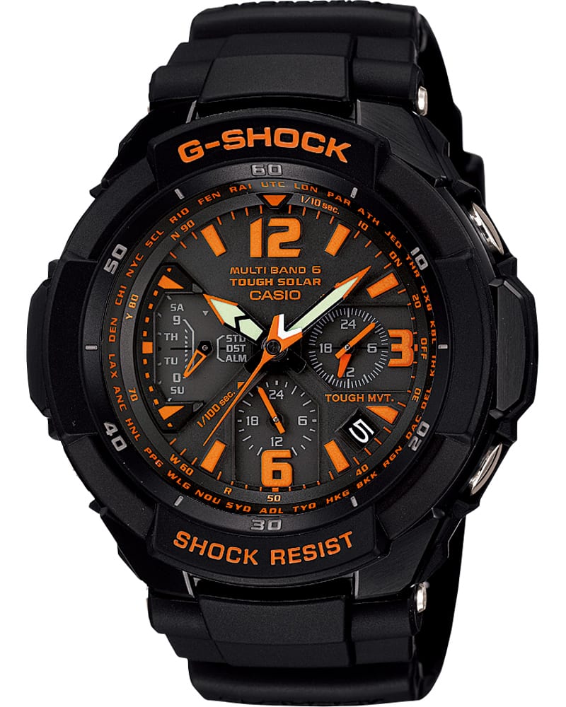 GW-3000 Chronograph von G-SHOCK mit orangenen Details und Ziffern in der Anzeige