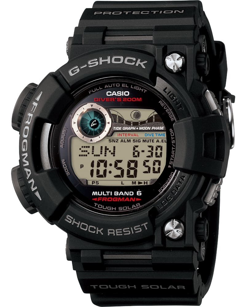 GWF-1000 Frogman Armbanduhr mit rundem, asymmetrischem Gehäuse, digitaler Anzeige und silbernen Details.