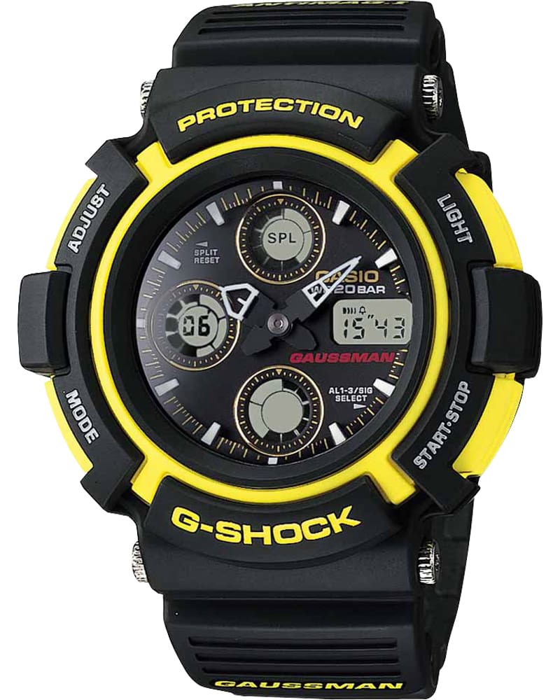 AW-571 mit schwarzem Band, runder, analoger Anzeige und gelben Details