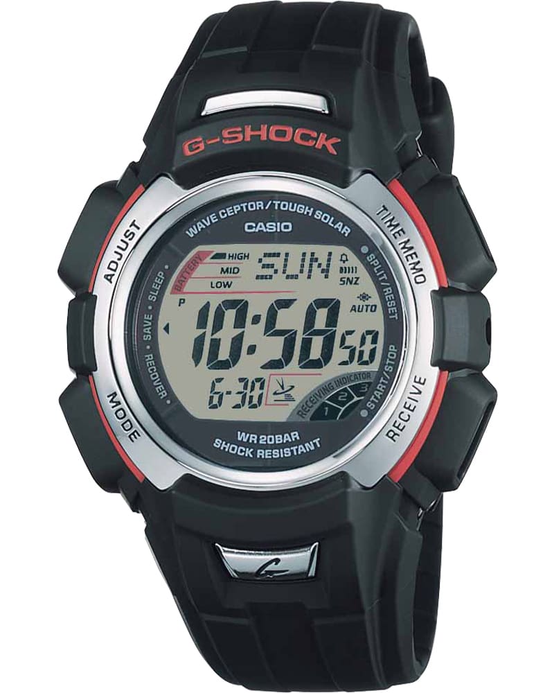 Die digitale Armbanduhr GW-300J mit schwarzem Resinband, silberfarbenen Details und rotem Schriftzug auf dem Gehäuse