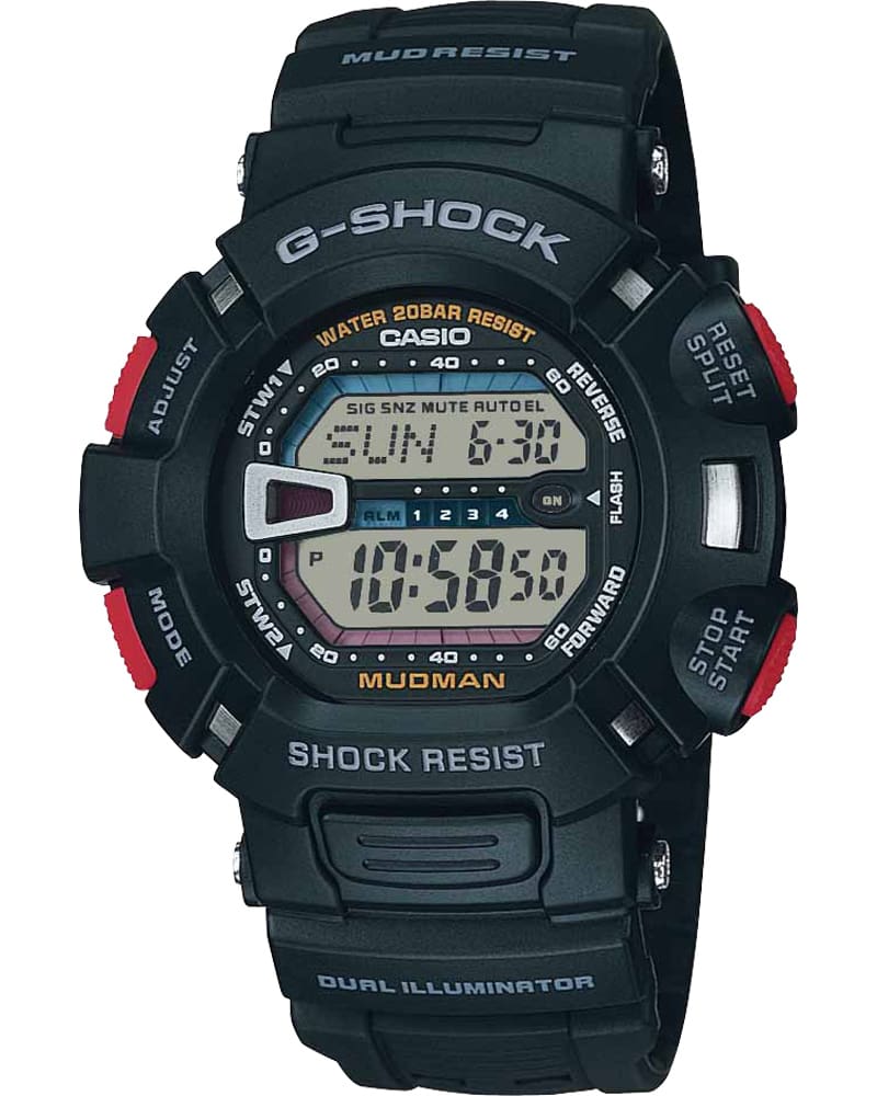 Digitaluhr G-9000 mit massivem runden Gehäuse und roten Knöpfen an den Seiten.