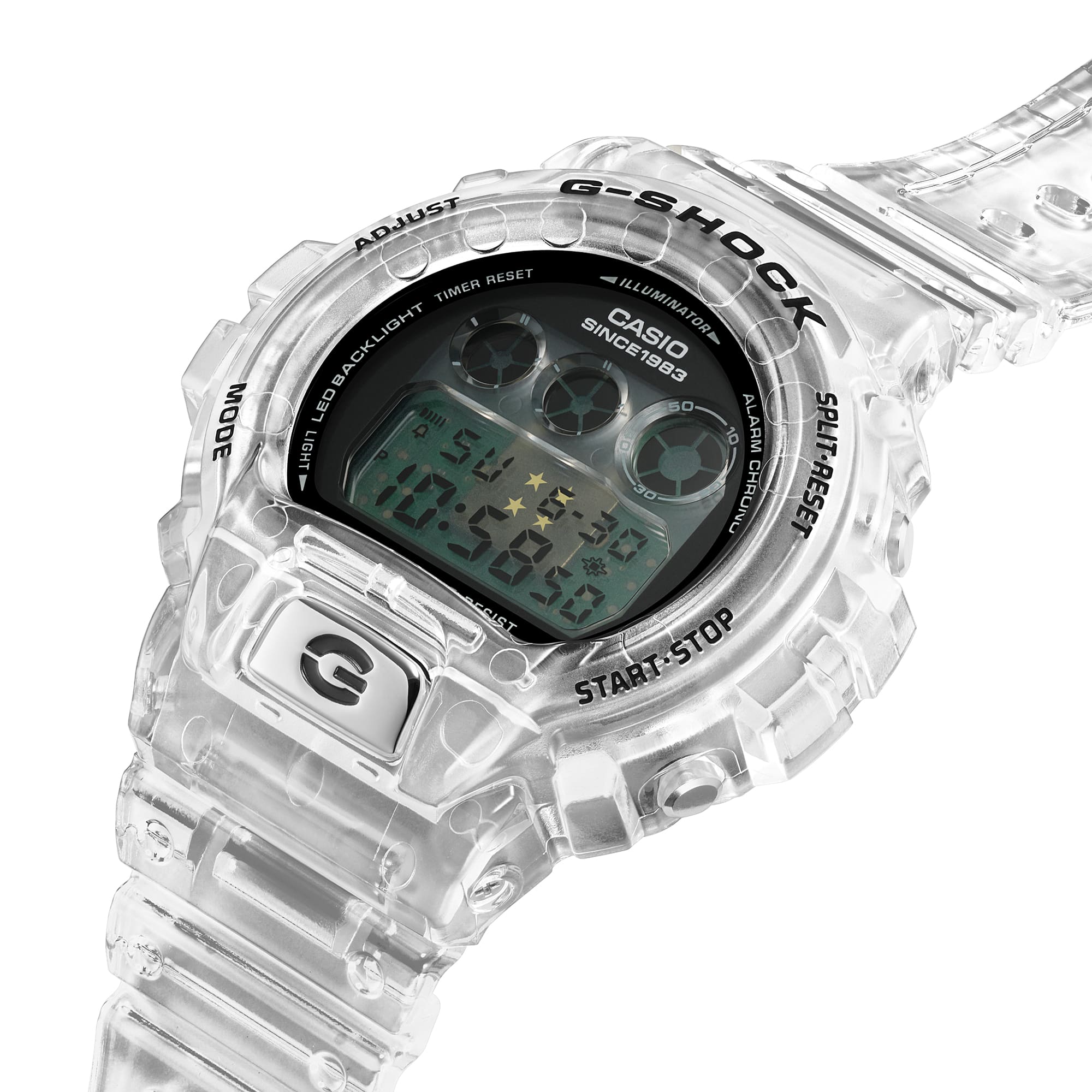 Nahaufnahme der durchsichtigen Uhr "DW-6940RX-7" aus der Clear Remix Serie mit großem, rundem Gehäuse, Frontbutton und Digitalanzeige.