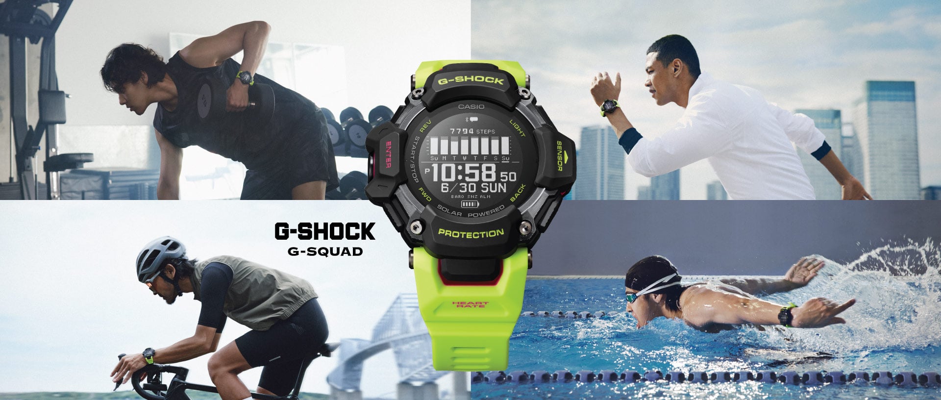 Die Sportuhr "GBD-H2000" von G-SHOCK mit neongelbem Resinband, runder digitaler Anzeige und schwarzem Gehäuse. Im Hintergrund sind vier Personen in unterschiedlichen Sportsituationen abgebildet.
