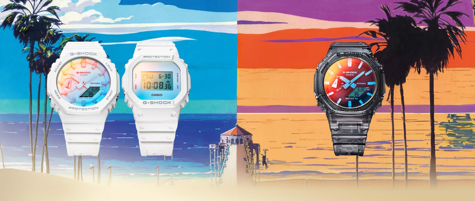 Sonnenaufgangs- und Untergangsszenario, davor sind drei Modelle aus der G-SHOCK Kollektion "Beach Time Lapse": Zwei Uhren mit weißem Resinarmband und blau-gelb schimmerndem Glas und einer analogen Uhr mit grau-durchsichtigem Band und blau-gelb schimmerndem Glas.