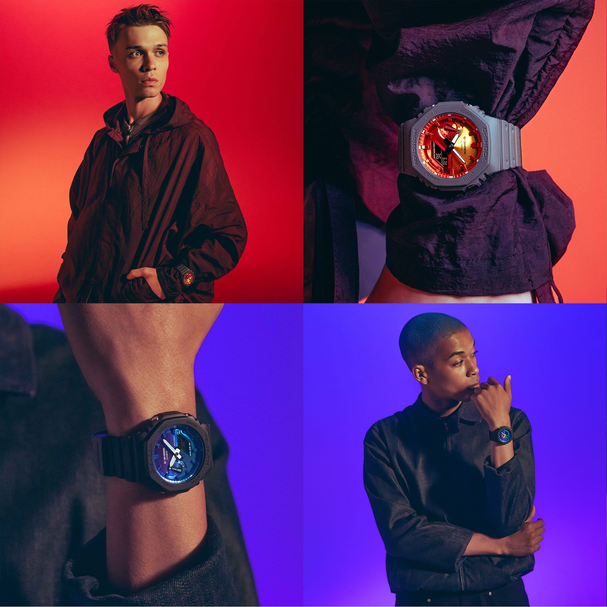 Vier Kacheln im Bild zeigen Männer, die die G-SHOCK "Flame Inside" Armbanduhren tragen, 2 der Kacheln sind Close-Ups