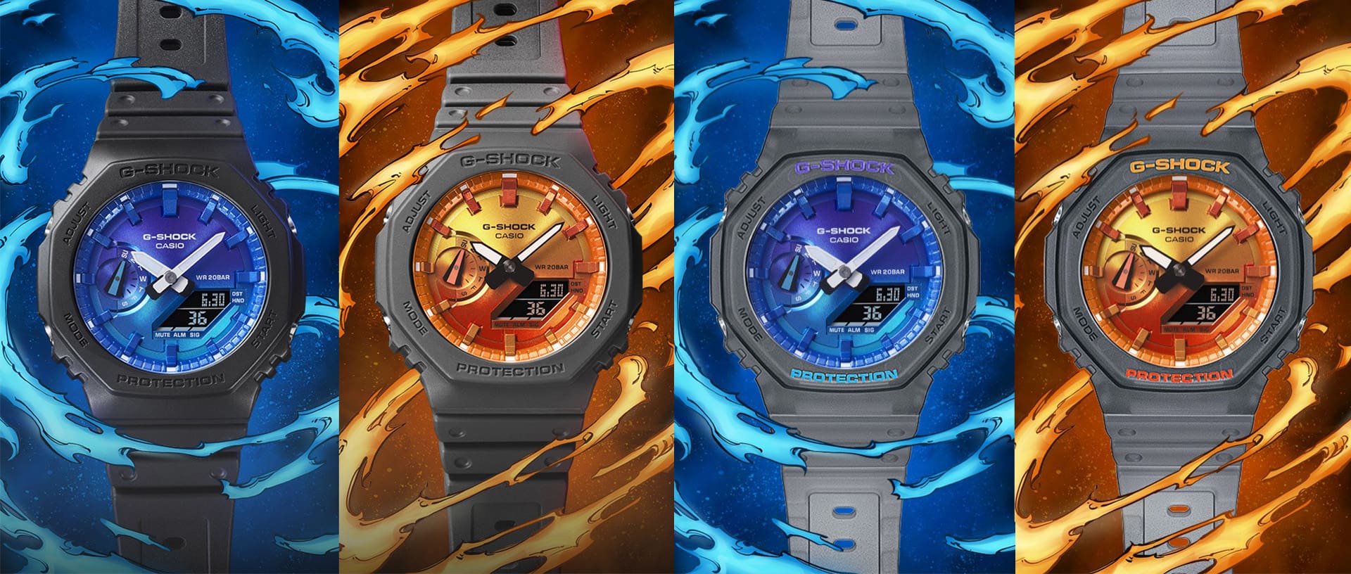 Vier Uhrenmodelle der Serie FLAME INSIDE neben blauen und orangefarbenen Flammen.