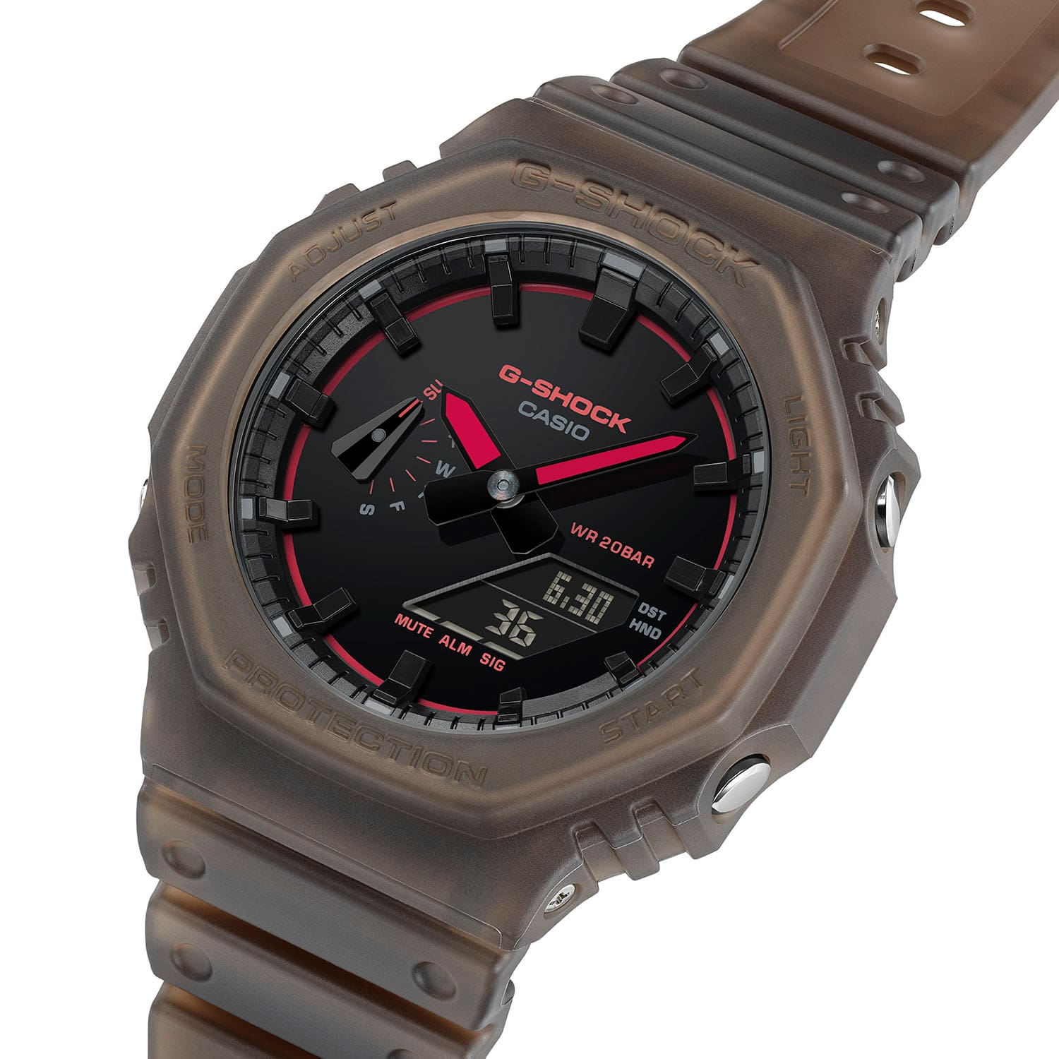 Leichte Seitenansicht des achteckigen Gehäuses und der silberfarbenen Bedientasten der G-Shock GA-2100K-5A