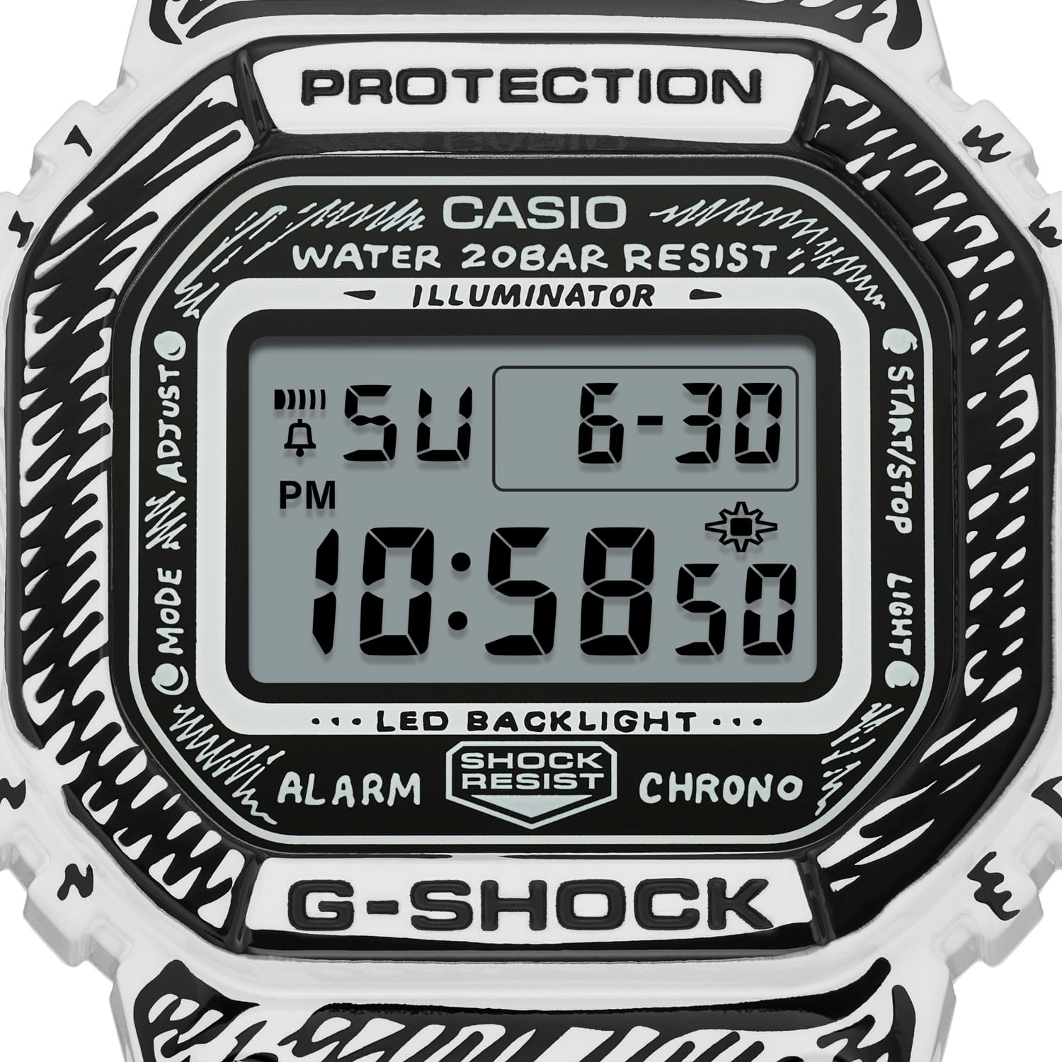 Close-Up des Digitaldisplays der G-SHOCK DW-5600 Kollaborationsuhr mit Joshua Vides.