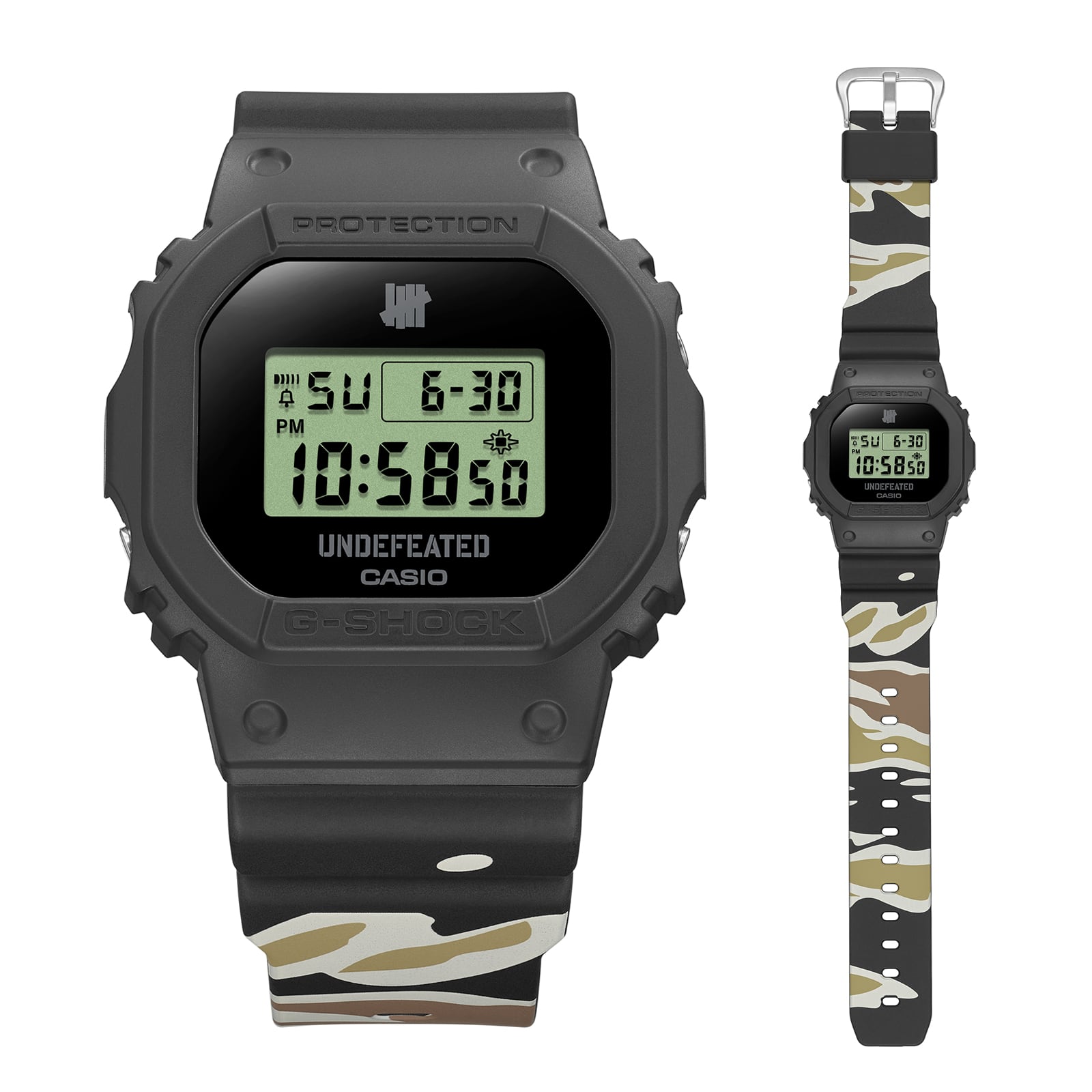 Großaufnahme von Display und Gehäuse der DWE-5600UD-1 mit Tiger-Camouflage-Armband, rechts daneben: Komplettansicht der Uhr mit gemusterten Armband in Schwarz, Beige, Brauntönen
