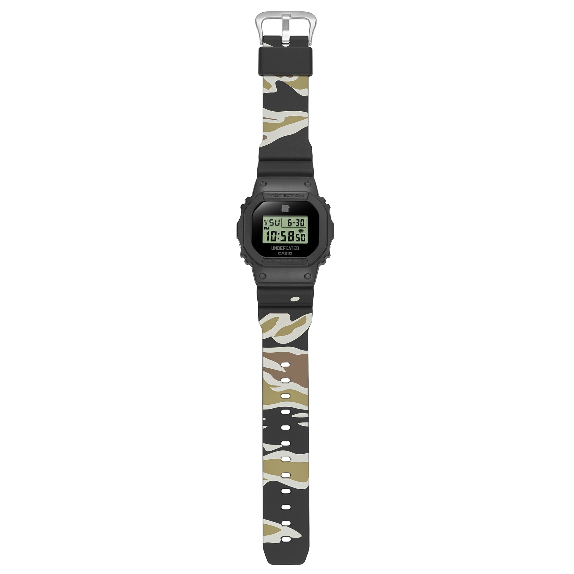 Komplettansicht der Uhr mit dem Tiger-Camouflage-Armband in Schwarz, Beige und Brauntönen