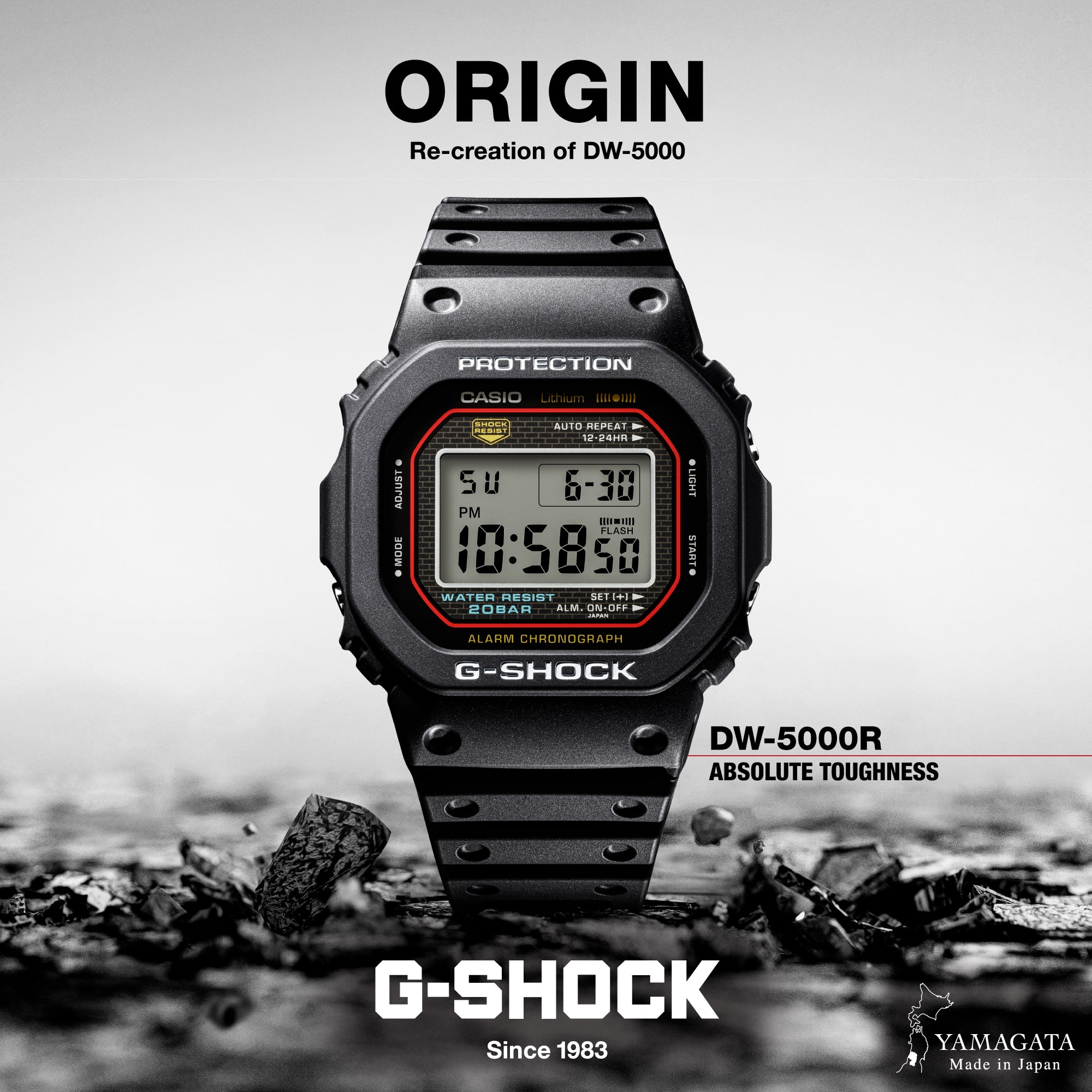 Nahaufnahme der DW-5000R Armbanduhr, die Nachbildung der allerersten G-SHOCK