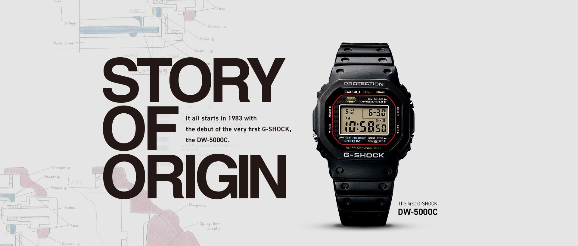 G-SHOCK DW-5000C Armbanduhr vor den technischen Zeichnungen der ersten G-SHOCK Uhr. Darauf ist der Schriftzug "Story of Origin - It all starts in 1983 with the debut of the very first G-SHOCK, the DW-5000C"