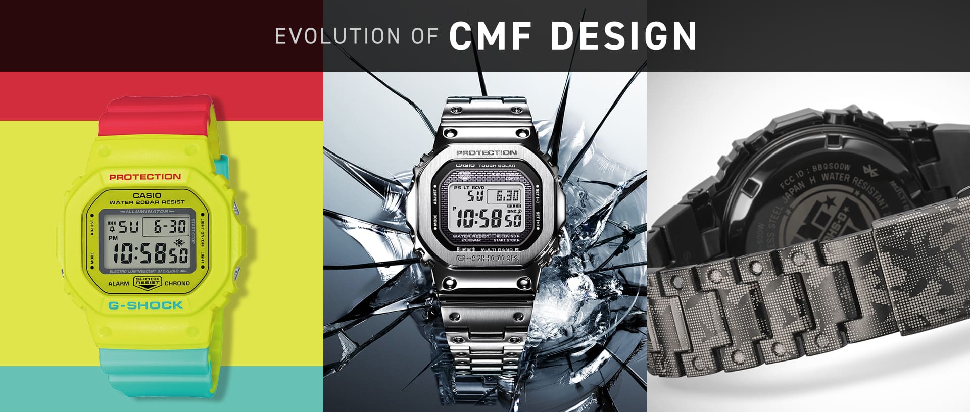 Drei unterschiedliche Designs des G-SHOCK DW-5600 Grundmodells: ganz bunt, metall und camouflage-bedruckt