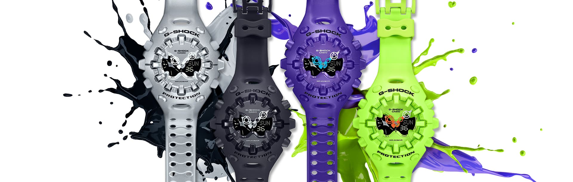 Die vier großen G-SHOCK GA-V01 Armbanduhren nebeneinander in den Farben silber, schwarz, lila und gelb-grün mit analoger Zeitanzeige und digitaler Datumsanzeige