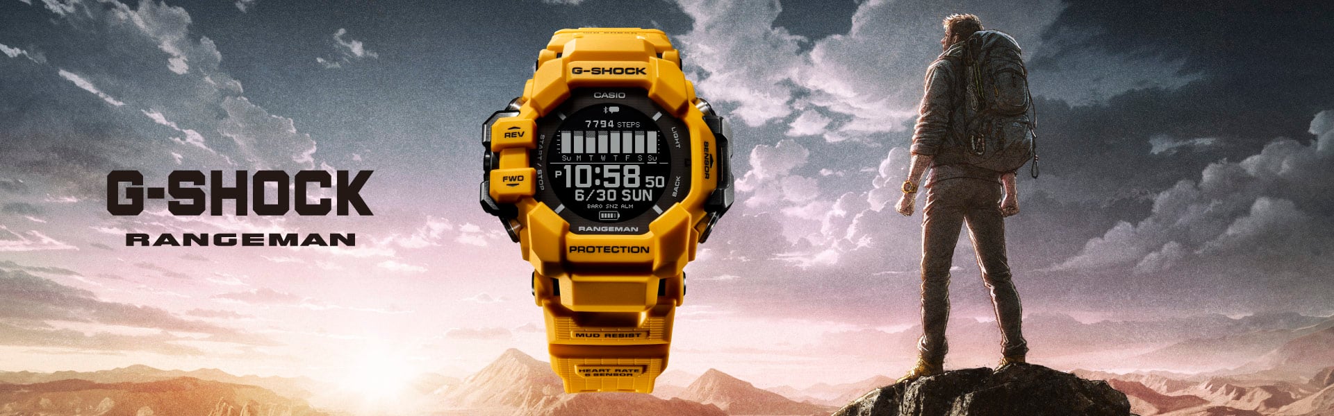 Die gelbe GPR-H1000 Rangeman Armbanduhr von G-SHOCK im Vordergrund, im Hintergrund ist eine Zeichnung eines Mannes mit Rucksack auf einem Berg.