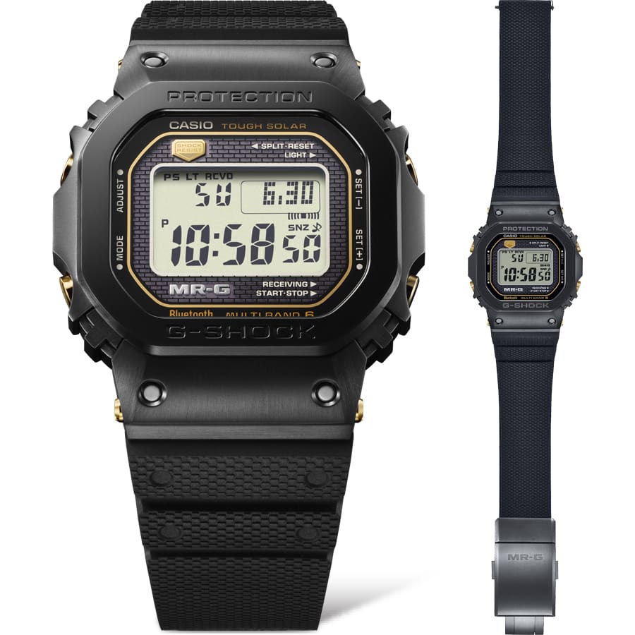 Zwei Produktbilder der MRG-B5000R-1 Armbanduhr, eins zusammengelegt, daneben flach hingelegt.