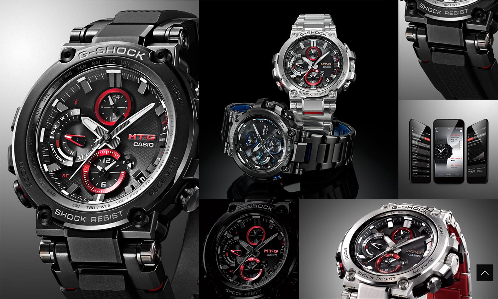 Collage der drei unterschiedliche MTG-B1000 Armbanduhren in silber, schwarz mit blauen Akzenten und schwarz mit roten Akzenten