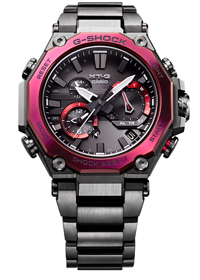 Armbanduhr MTG-B2000BD-1A4mit dunklem Metallband und pinker Lünette