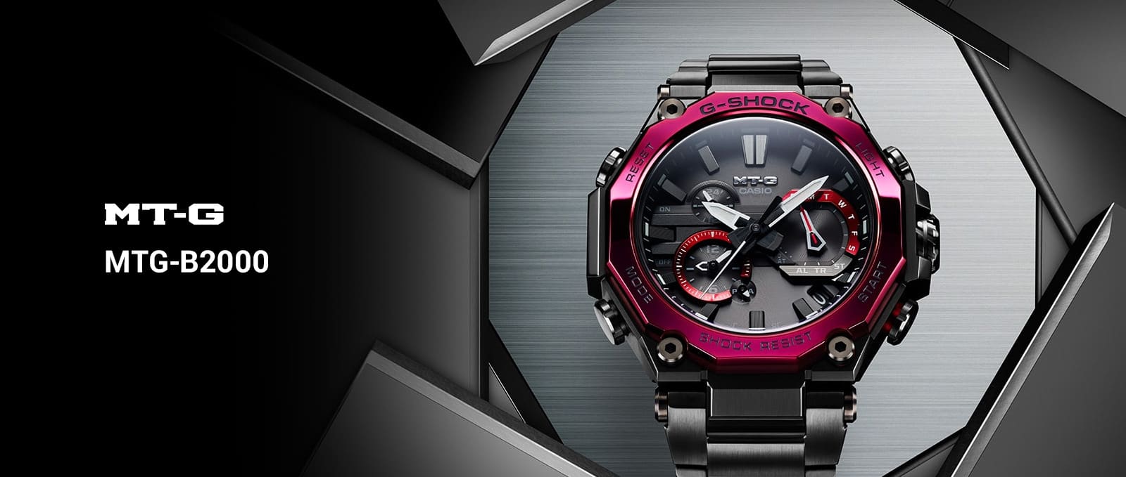 Die G-SHOCK MTG-B2000 Armbanduhr mit dunklem Metallarmband und pinkem Gehäuse