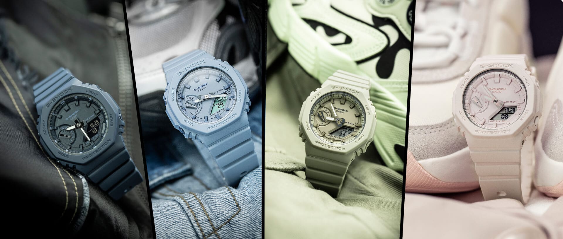 Vier Bilder von unterschiedlichen G-SHOCK GMA-S2100BA nebeneinander