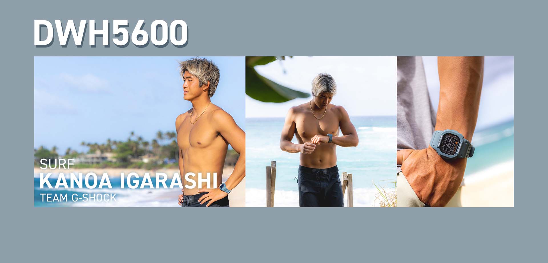 Team G-SHOCK Surfer Kanoa Igarashi wearing DWH5600-2 at the beach