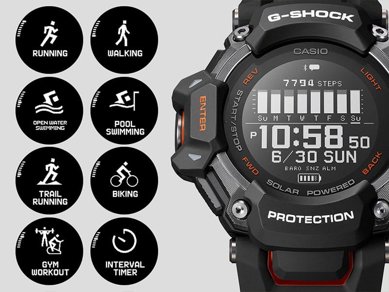GBDH2000-1A9 digital watch face with illustration of various activity icons GBDH2000-1A9 digital watch face with illustration of various activity icons