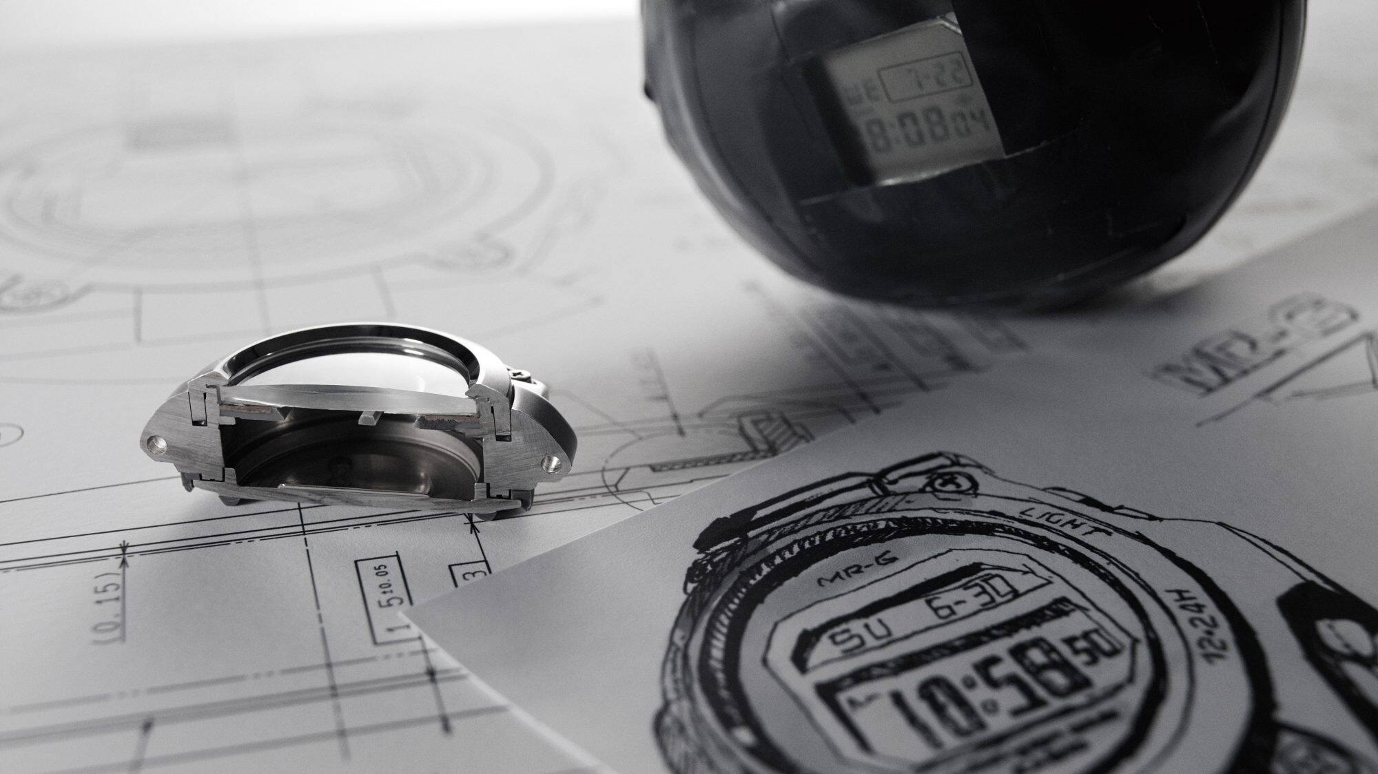 G-SHOCK MR-G technical drawing with watch cross section G-SHOCK MR-G technical drawing with watch cross section