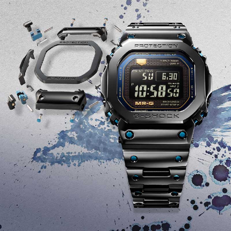 MRGB5000BA watch with blue paint in background MRGB5000BA watch with blue paint in background