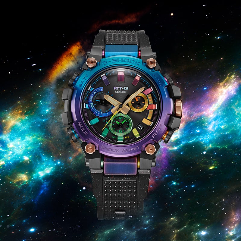 G-SHOCK MTGB3000DN-1A Multicolor analog digital watch in a nebula background 