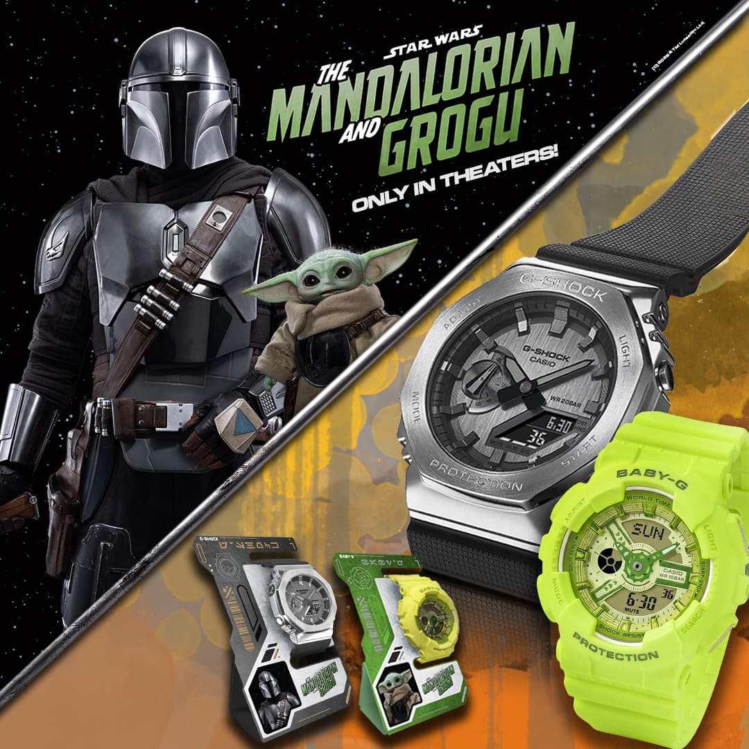 Die Mandalorian & Grogu Charaktäre neben der schwarz-grauen G-SHOCK GM-2100 und der grünen BA-110.