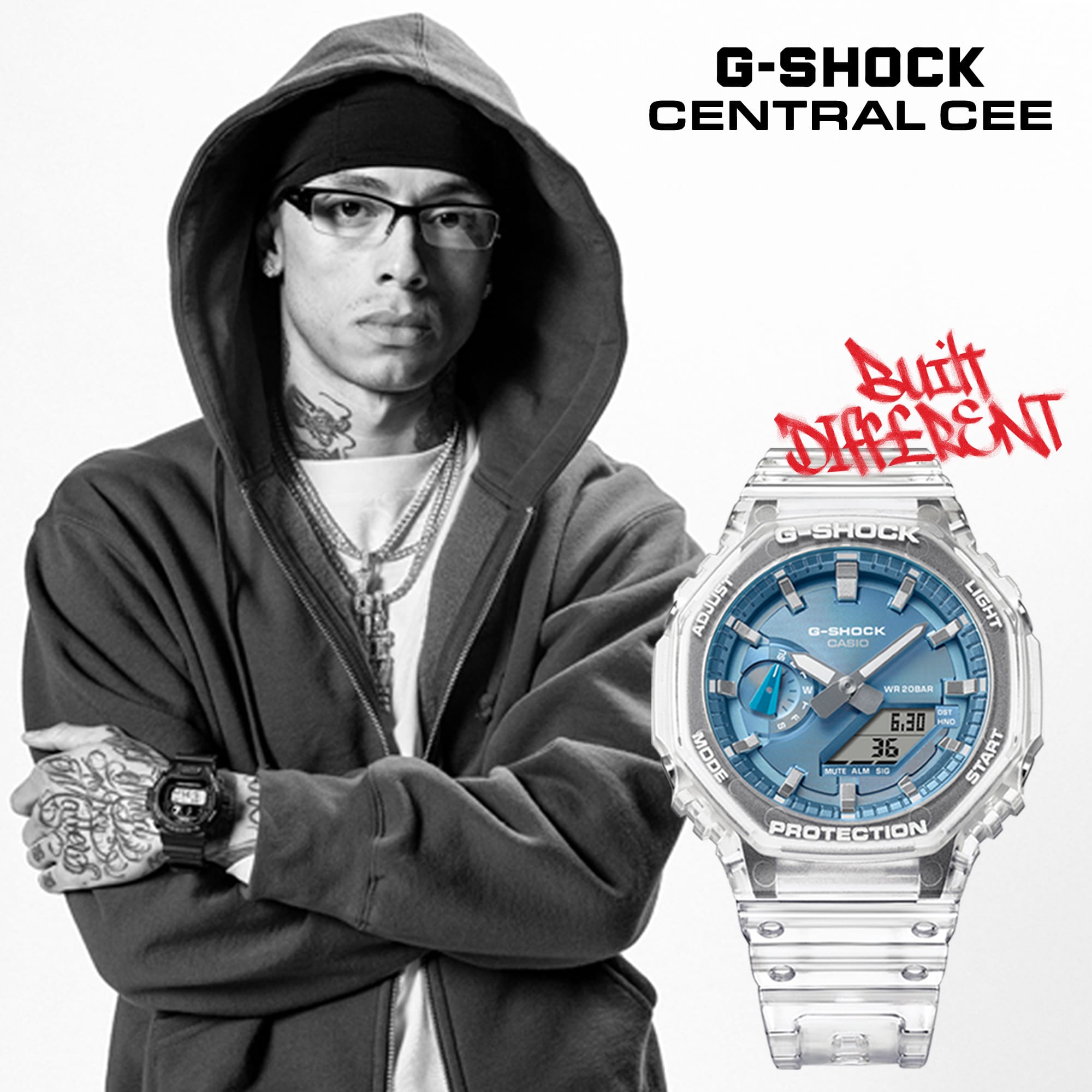 Der Rapper Central Cee auf der linken Seite in Kapuzenpulli mit einer schwarzen G-SHOCK Digitaluhr am Handgelenk, rechts daneben ist die GA-2100BM-7A2 mit durchsichtigem Armbanduhr mit hellblauer, analoger Anzeige 
