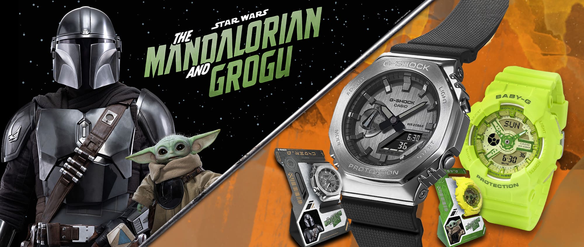 Die Star Wars Charaktere Mandalorian und Grogu neben den beiden Armbanduhren G-SHOCK GM-2100 in schwarz und der hellgrünen BABY-G BA-110YK und den Uhrenständern.