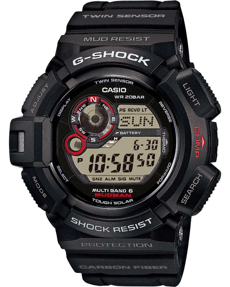 G-SHOCK GW-9300 Armbanduhr mit rundem, massivem Gehäuse, Resinband und roten Details auf dem Gehäuse.
