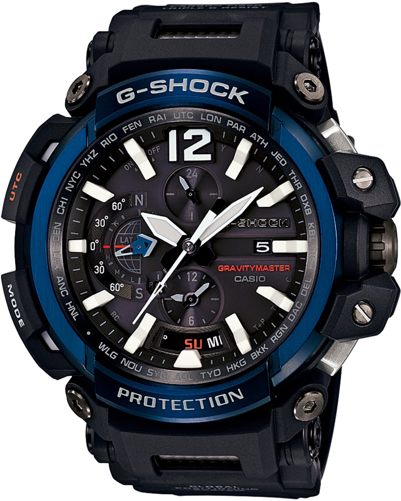 GPW-2000 Uhr mit analoger Zeitanzeige sowie mit blauer Umrandung, weißen Zeitanzeigern und schwarzem Armband aus Resin.