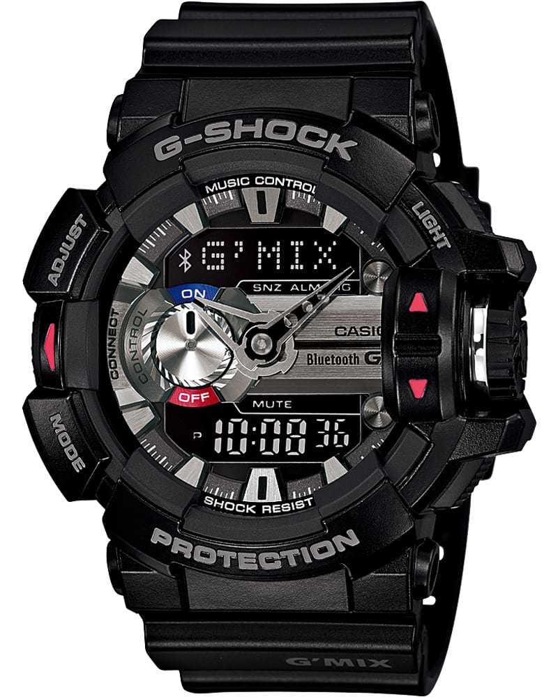 Die analog-digitale Armbanduhr "GBA-400" mit robustem, rundem Gehäuse, roten Details und schwarzem Resinband.