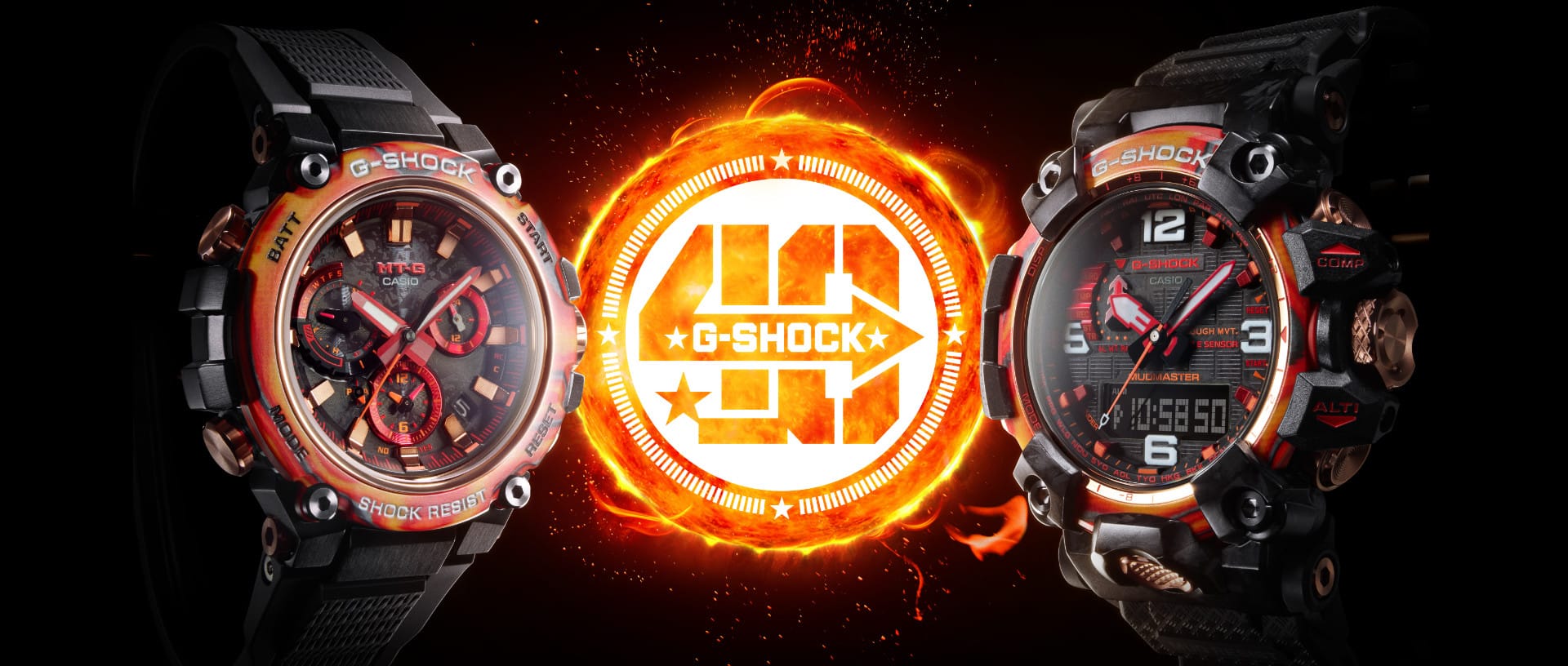 40 Jahre Visual von G-SHOCK; im Vordergrund sind zwei der Special Uhrenmodelle mit schwarzem Resinband und runder, massiver rot-orangener Lünette und analoger Anzeige