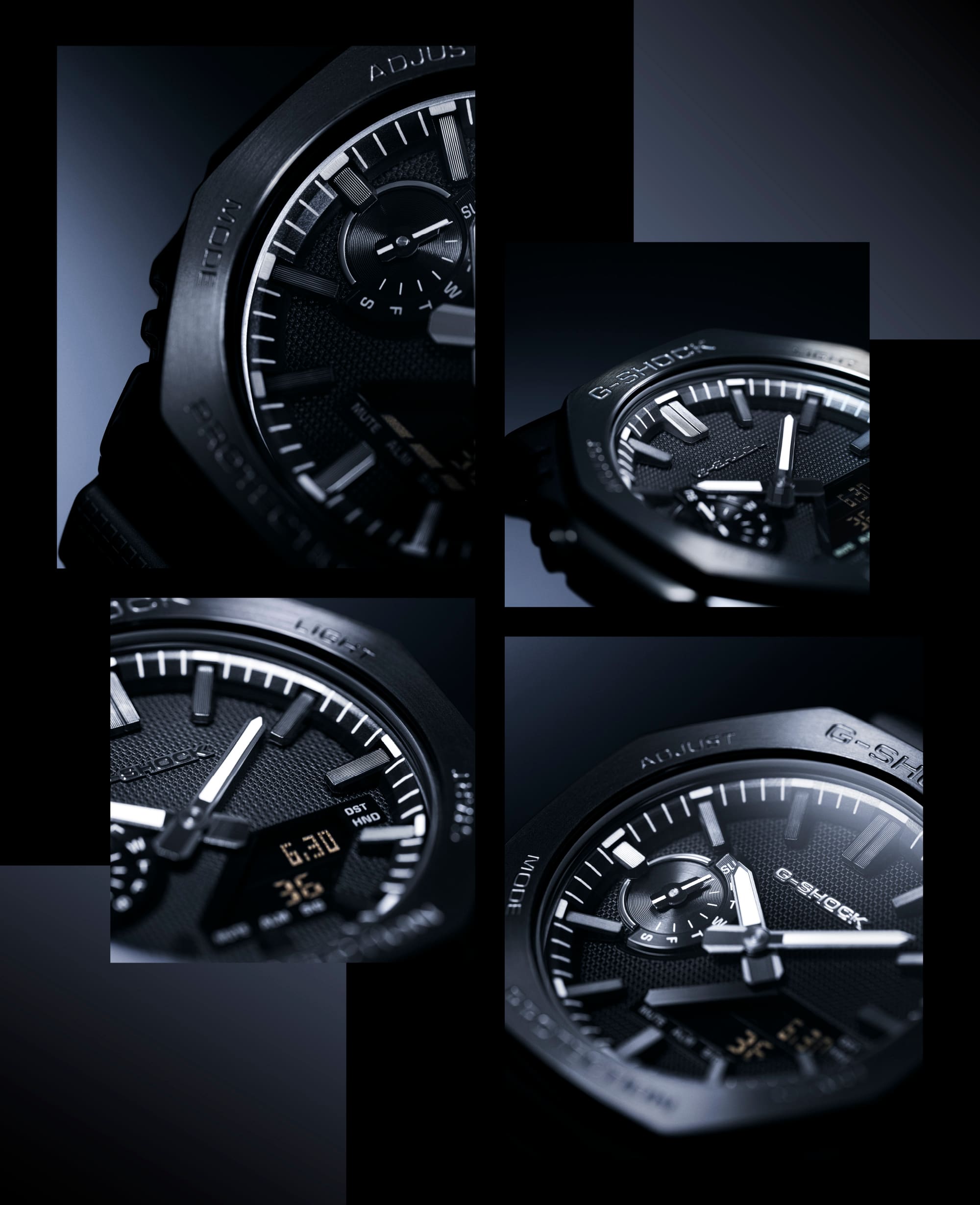 Detailaufnahme der G-Shock GM-2100LXB-1A mit Fokus auf das achteckige Gehäuse, das strukturierte Zifferblatt und die Analog-Digital-Anzeige.