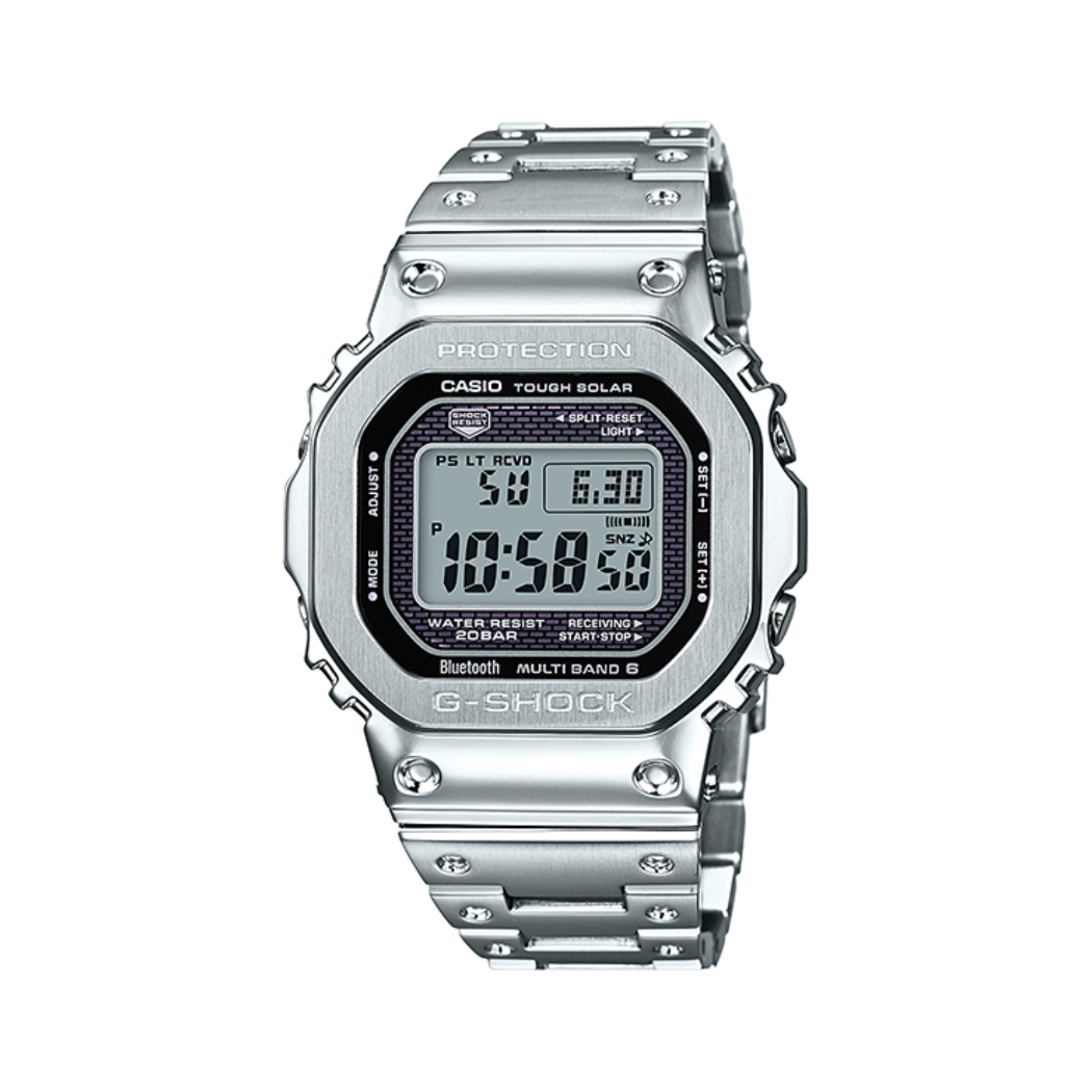Die silberfarbene vollmetall G-SHOCK GMW-B5000 mit Digitalanzeige und rechteckigem Gehäuse.