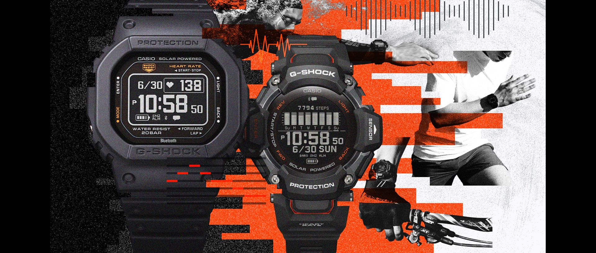 Zwei G-SHOCK Uhren mit Digitalanzeige und Pulsmesser in schwarz vor einem schwarz/rot/weiß gemustertem Hintergrund