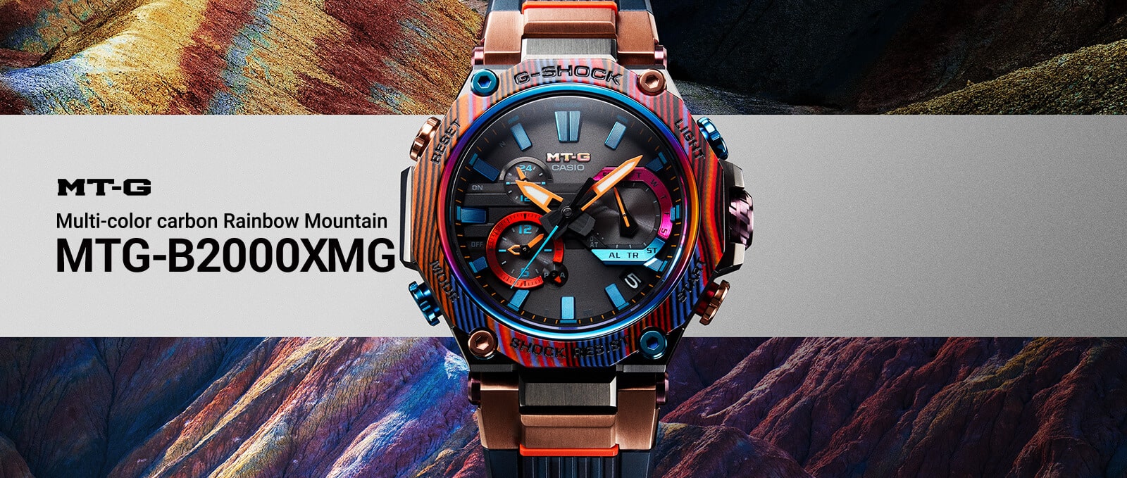 Die regenbogenfarbene Carbon Armbanduhr MTG-B2000XMG von G-SHOCK mit analogen Zifferblatt und türkisen, roten und pinken Details