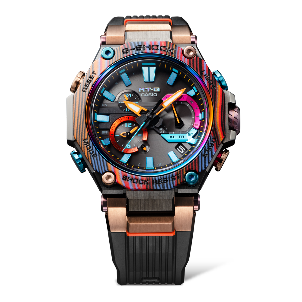 MTG-B2000XMG-1A Armbanduhr mit bunten Details und schwarzem Resinarmband